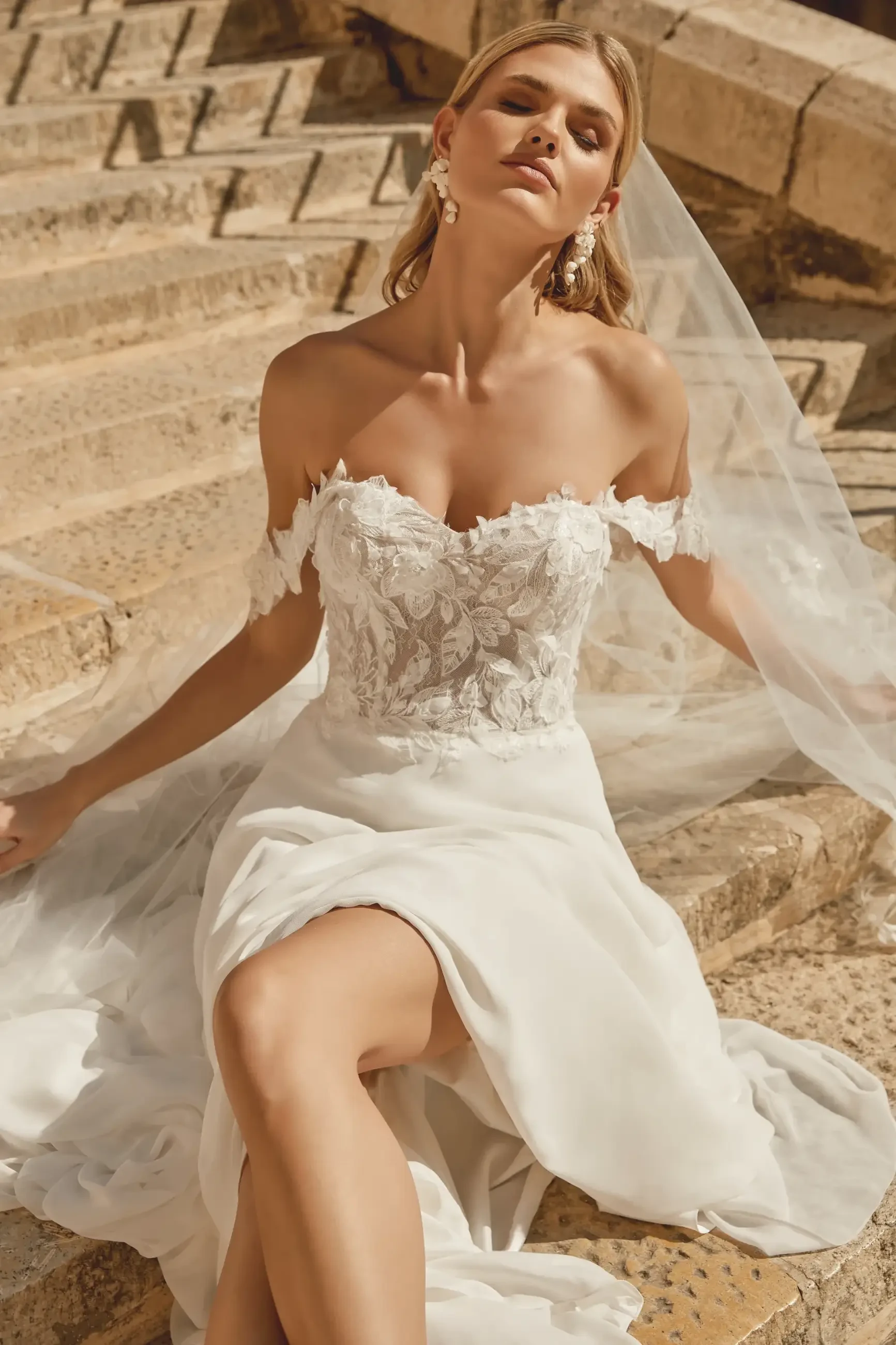 model is wearing an off the shoulder chiffon A-line wedding dress with embroidered lace and 3D floral appliques